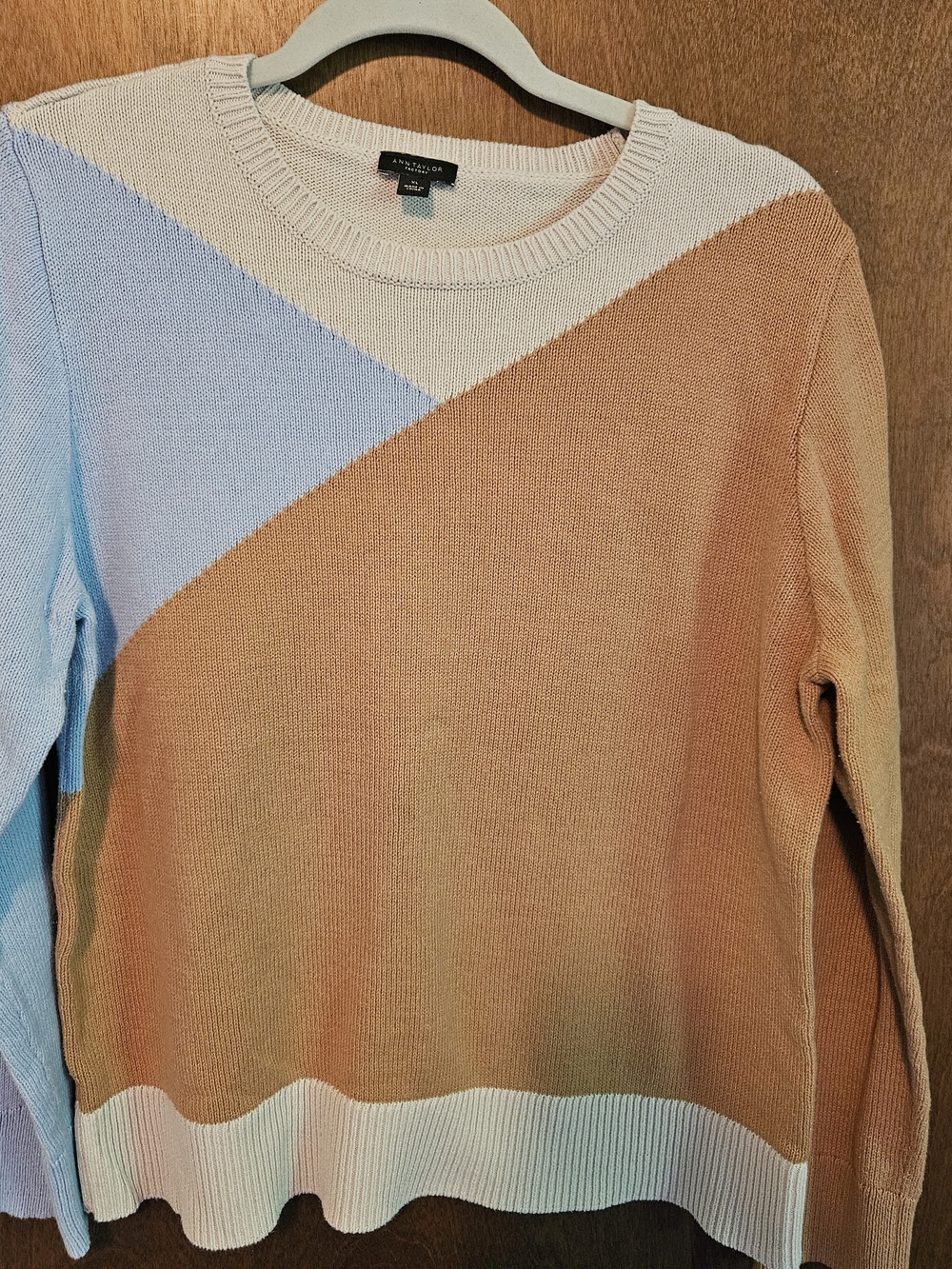 Ann Taylor Factory Colorblock Crewneck Sweater in Beige, Light Blue & Tan